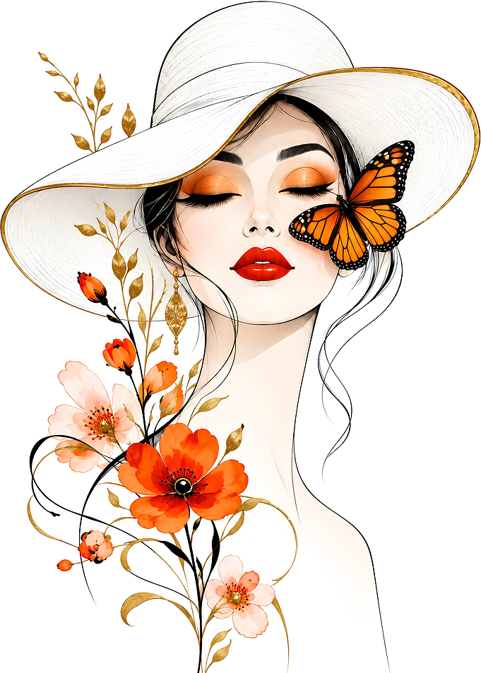 Elegant Woman with Flowers and Butterfly