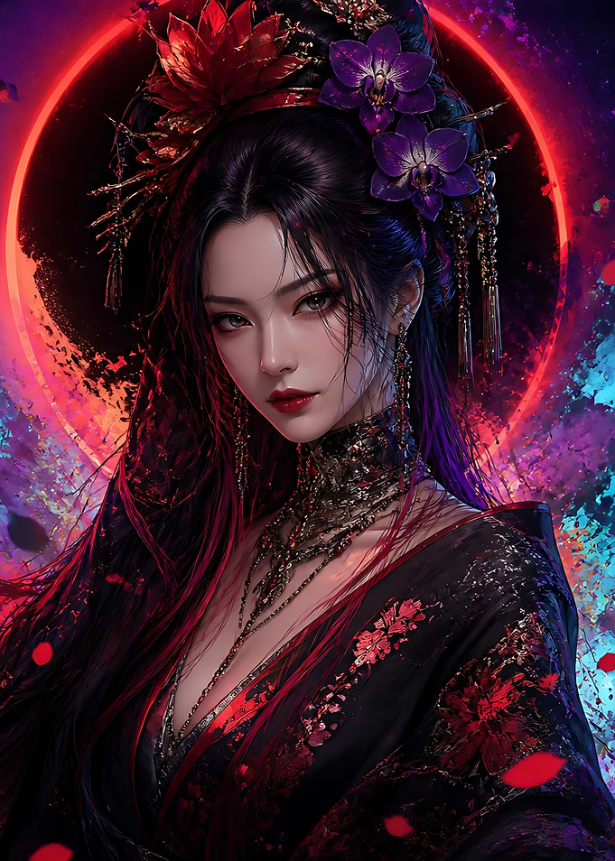 Ethereal Asian Beauty with Red Halo