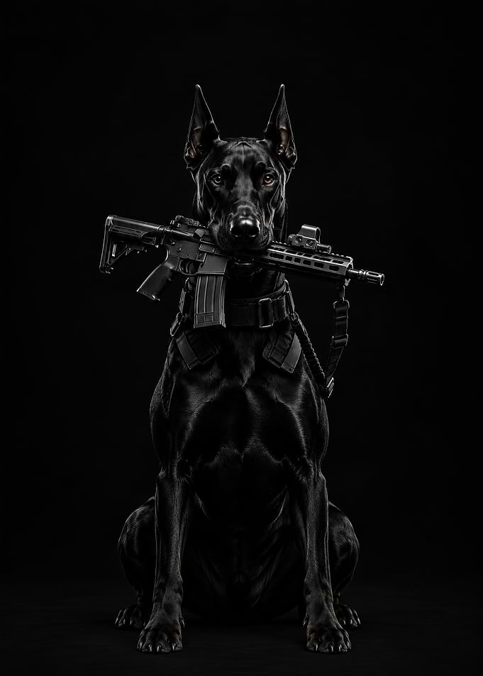 Doberman Pinscher Holding Tactical Rifle