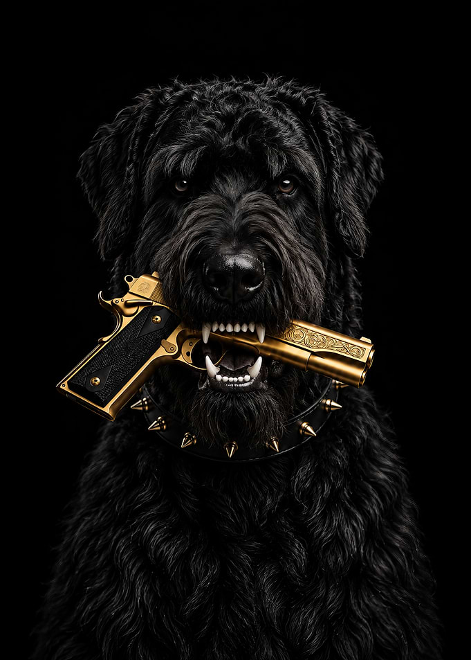 Black Dog Holding Gold Pistol