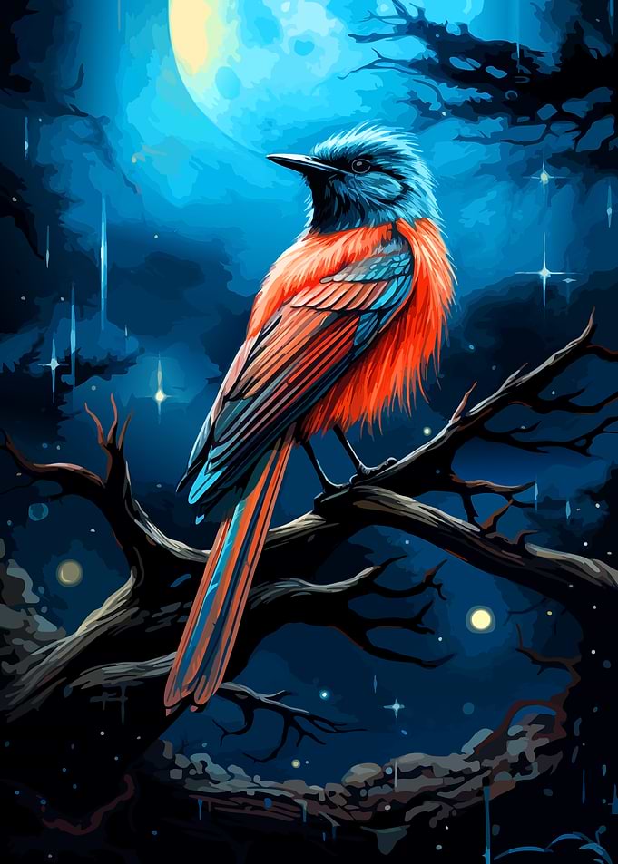 Vibrant Bird Perched Under Moonlight