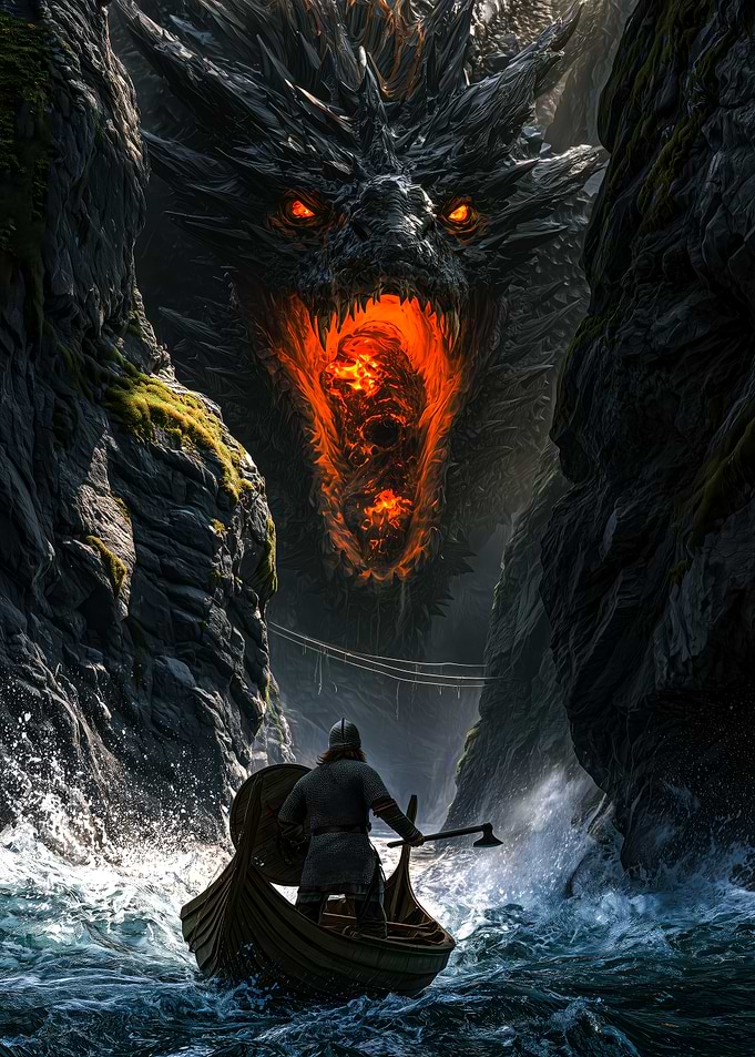 Viking Warrior Facing Massive Dragon