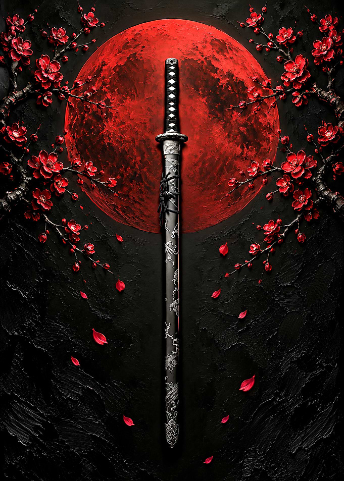 Katana Sword Against Red Moon