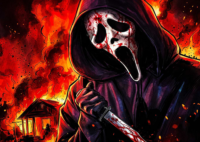 Ghostface Slasher in Burning House