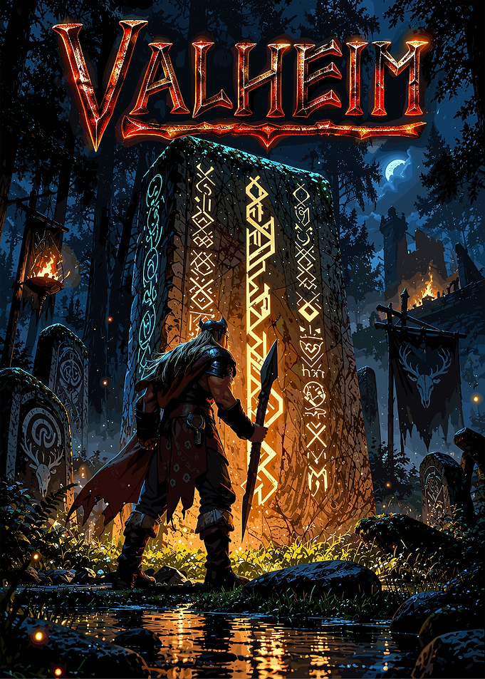 Valheim Viking Warrior at Rune Stone