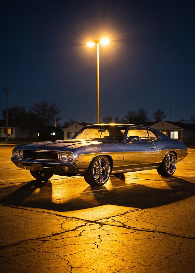 Classic Muscle Car Under Streetlight