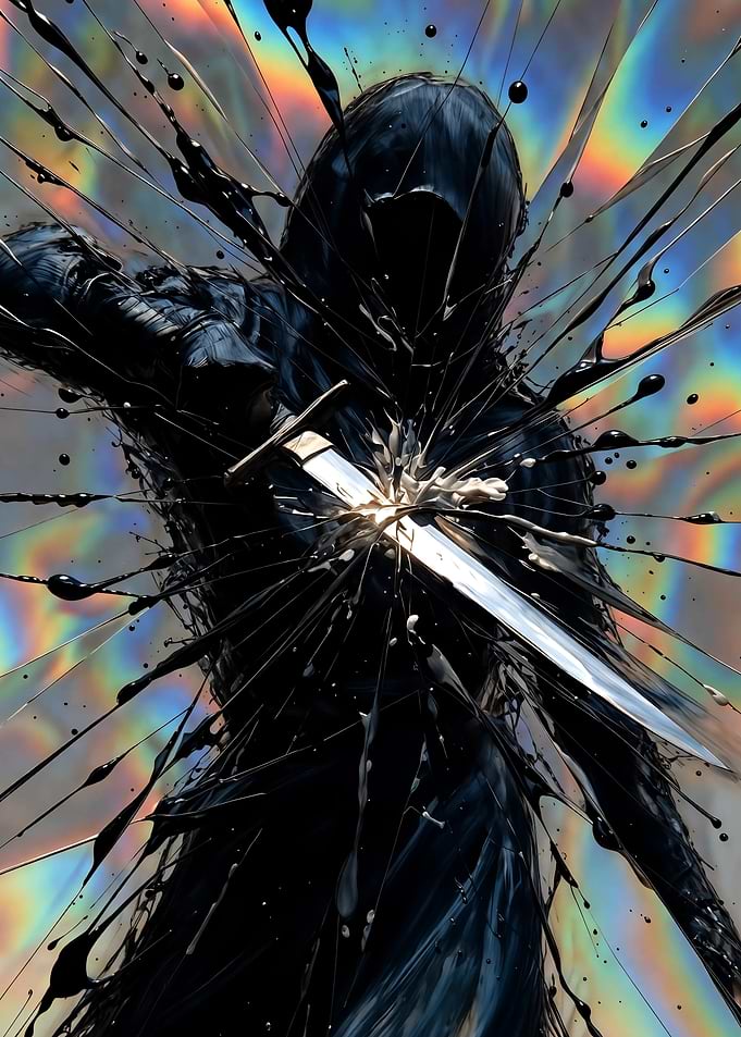 Dark Hooded Figure Pierced by Sword