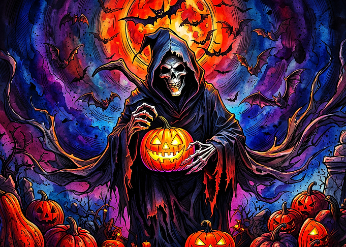 Grim Reaper Holding Glowing Jack-O-Lantern