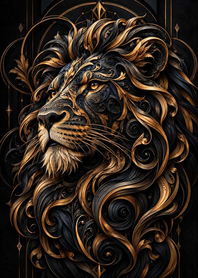 Ornate Gold and Black Lion Portrait