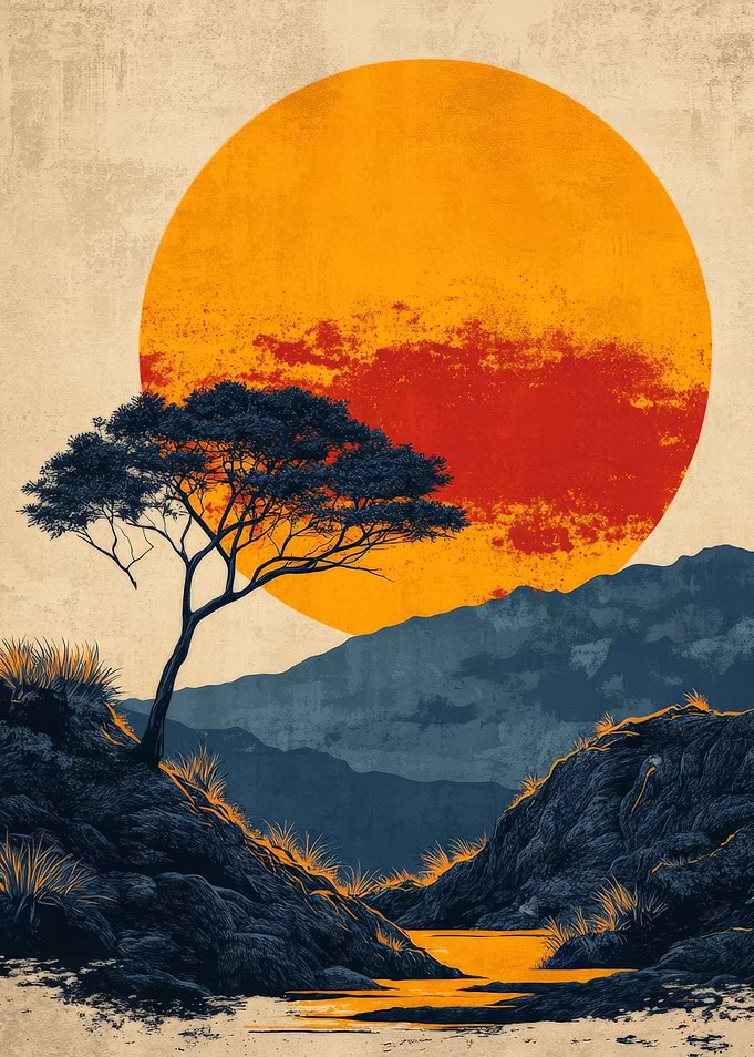 Stylized Sunset Over African Landscape