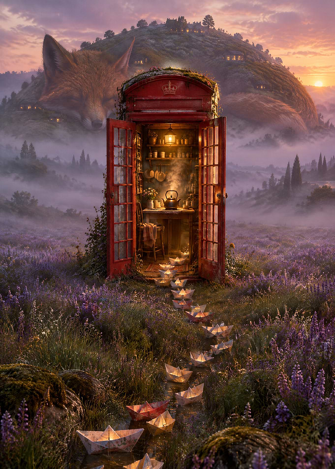 Cozy Red Telephone Box in Meadow