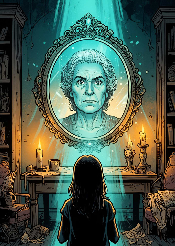 Girl Gazing into Magical Mirror