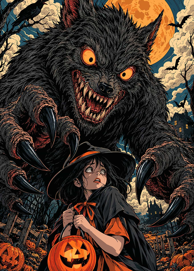 Witch Girl and Giant Werewolf