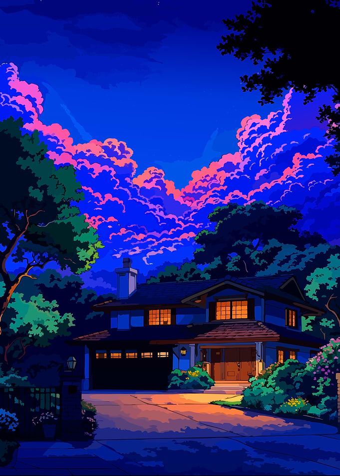 Suburban House Under Vibrant Night Sky