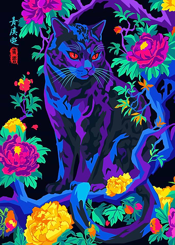 Neon Cat Among Vibrant Peonies