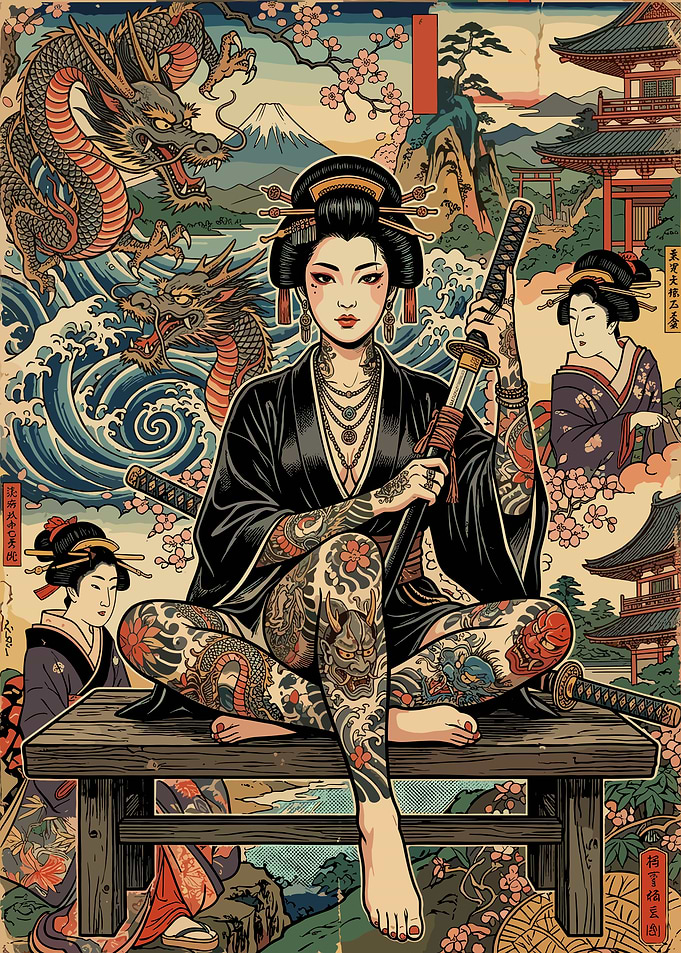 Tattooed Geisha Warrior with Dragon