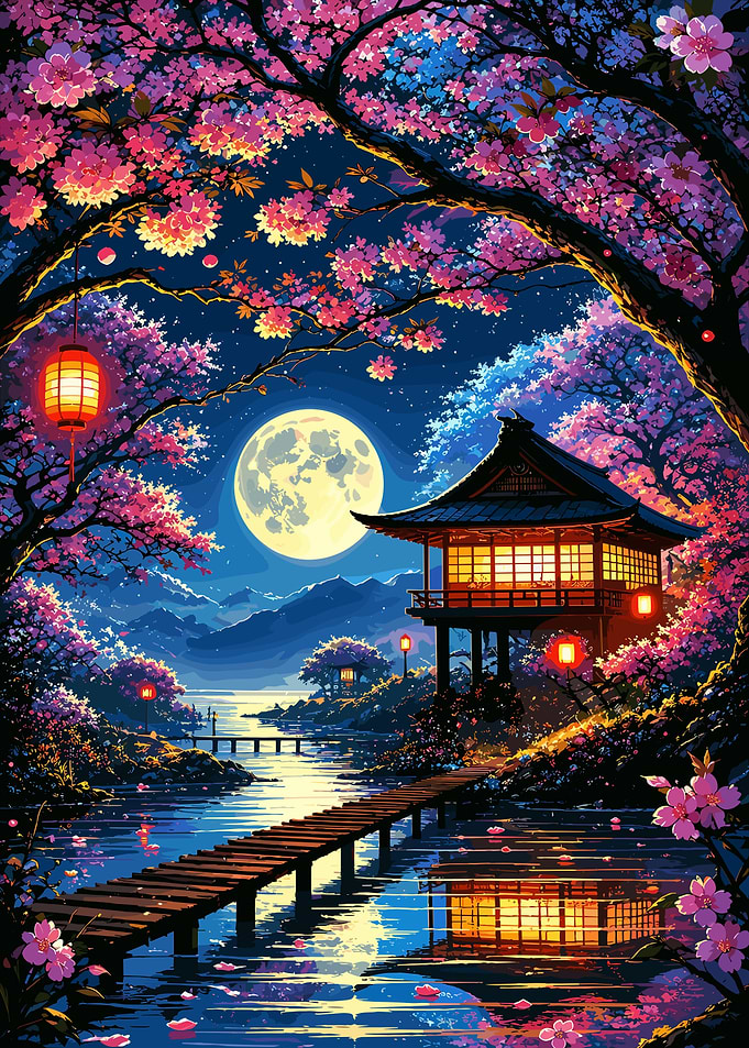 Moonlit Japanese Temple and Cherry Blossoms
