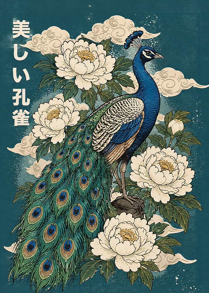 Peacock and Peonies Japanese Art
