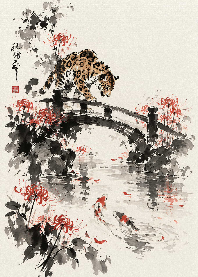 Leopard on Bridge with Koi Pond
