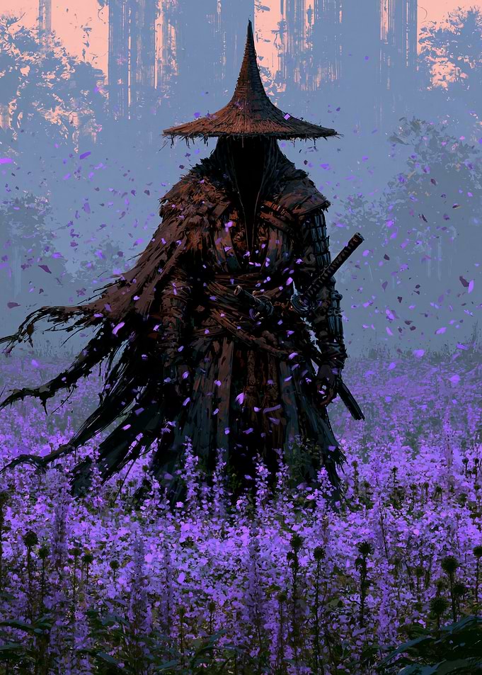 Ronin in a Purple Flower Field