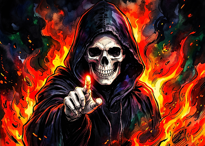 Grim Reaper Pointing in Fire