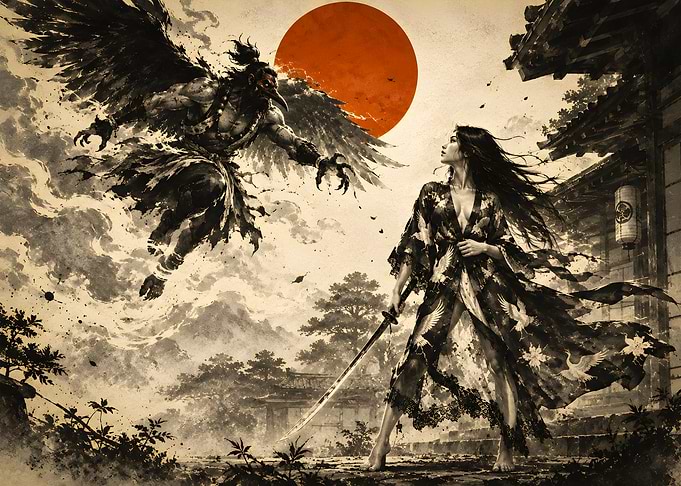 Samurai Woman Facing Tengu Demon