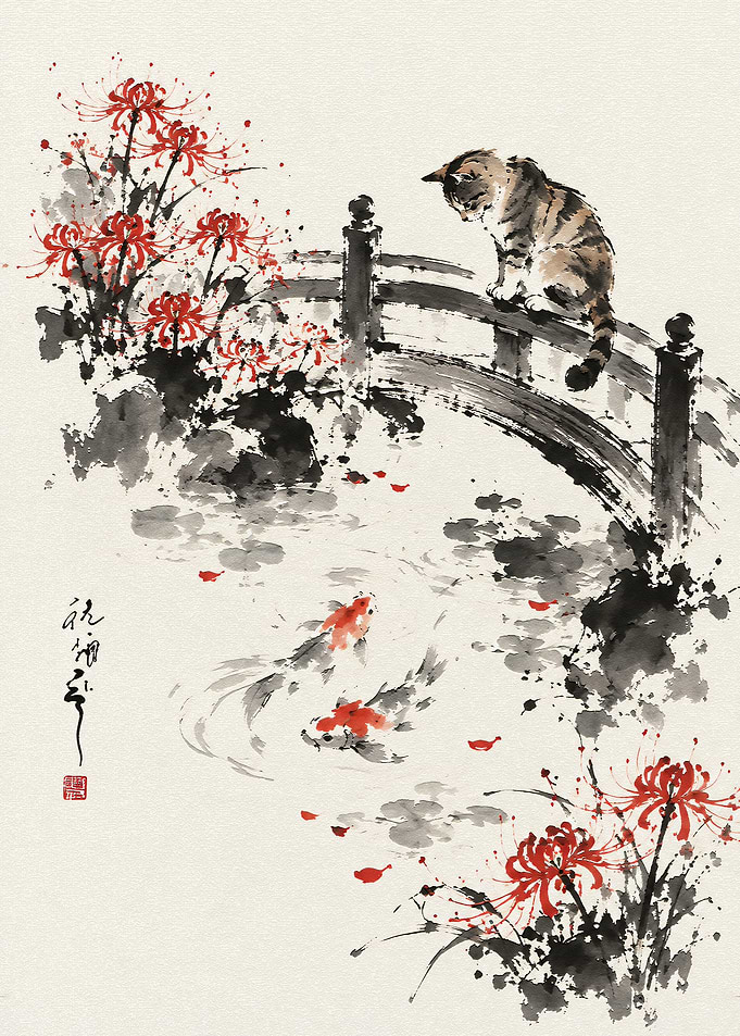Cat Watching Koi in Ink Wash