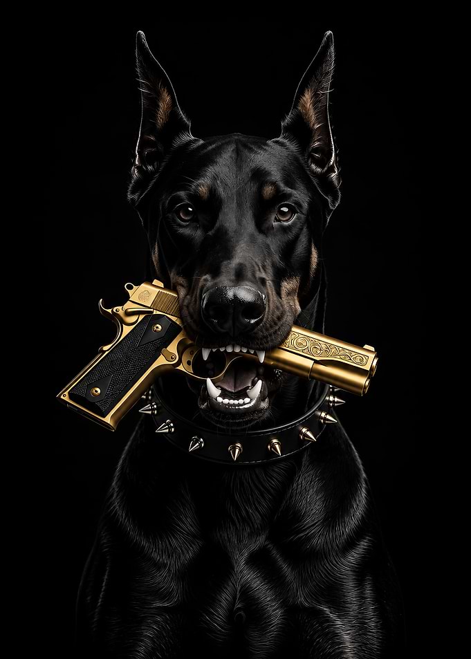 Doberman Holding Gold Pistol