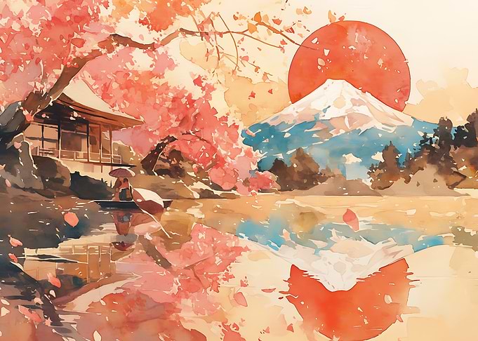 Mount Fuji and Cherry Blossoms Watercolor
