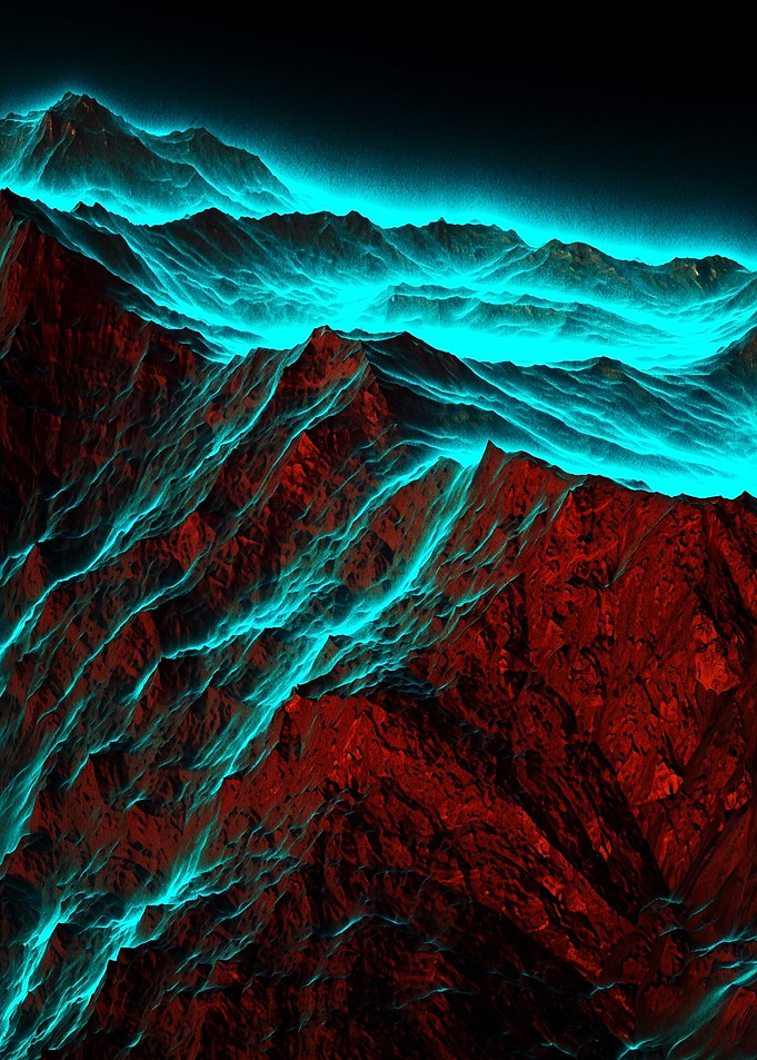 Abstract Glowing Red and Cyan Mountains