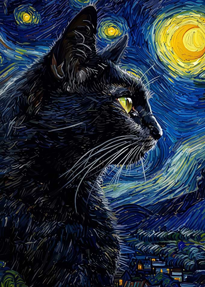 Black Cat Night Sky Impasto Art