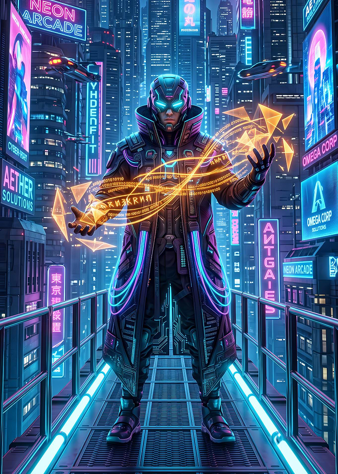 Neo-Tokyo Cyber Mage - Neon Tech Art