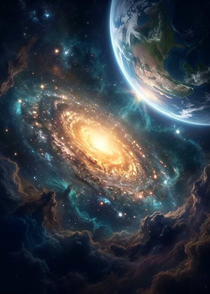 Earth and Spiral Galaxy Space Art