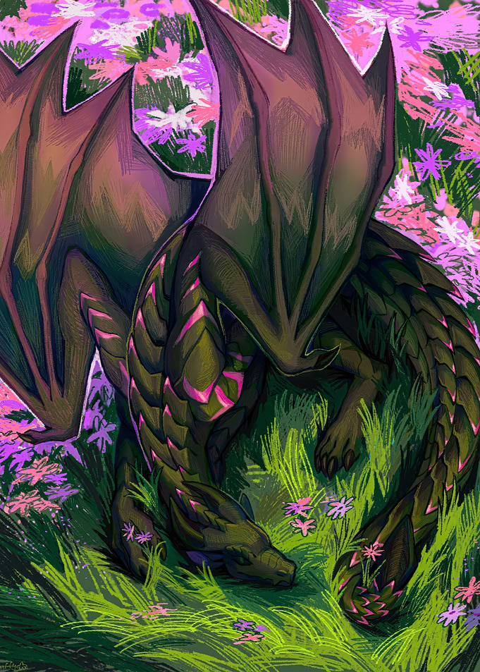Dark Dragon in a Flower Meadow