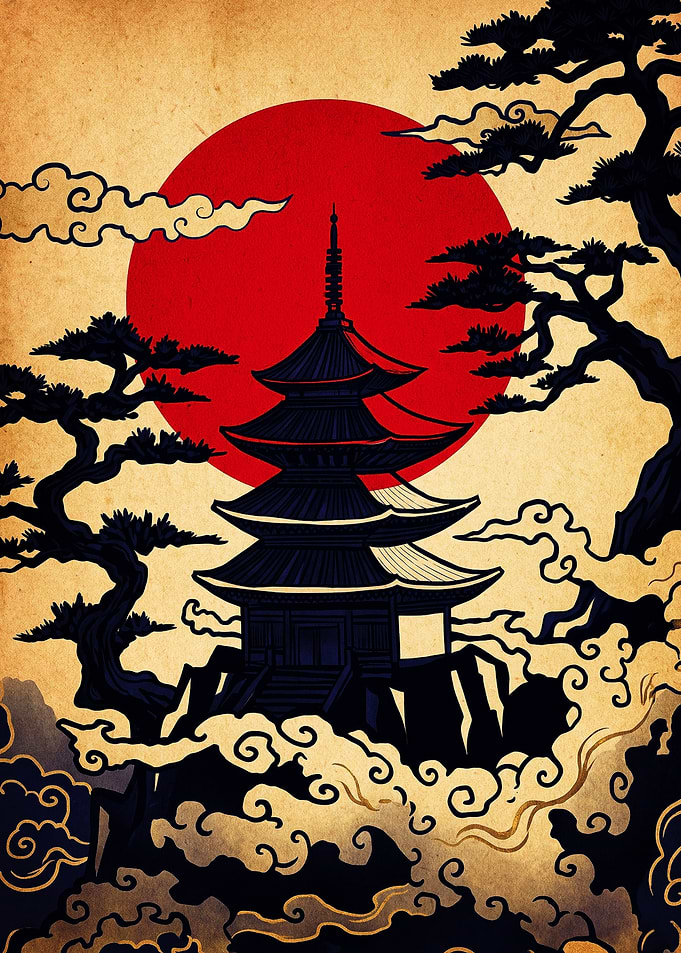 Japanese Pagoda with Red Sun