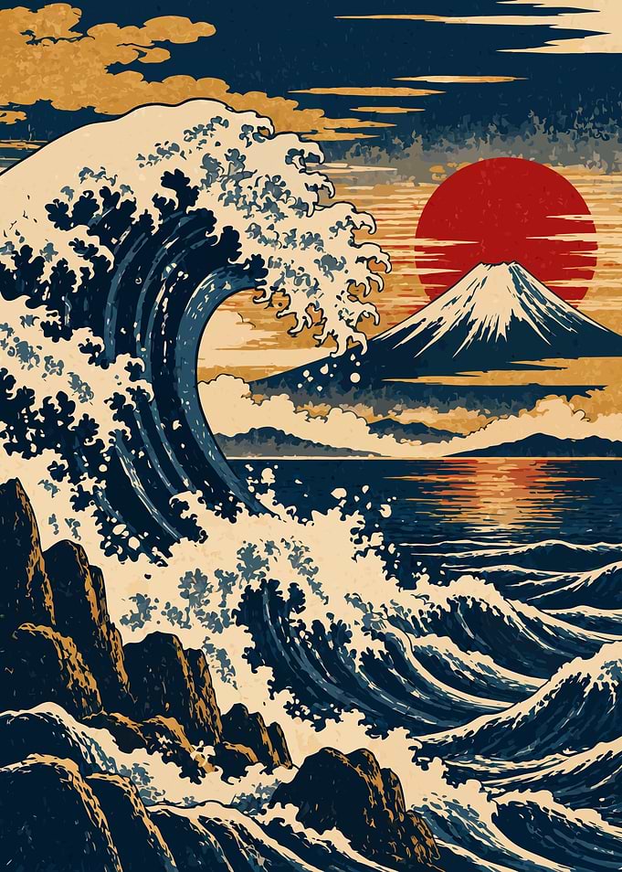 Mount Fuji and Ocean Wave Japanese Ukiyo-e Metal Poster