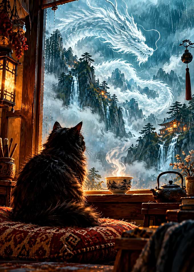 Cat Watching Dragon Over Misty Mountains
