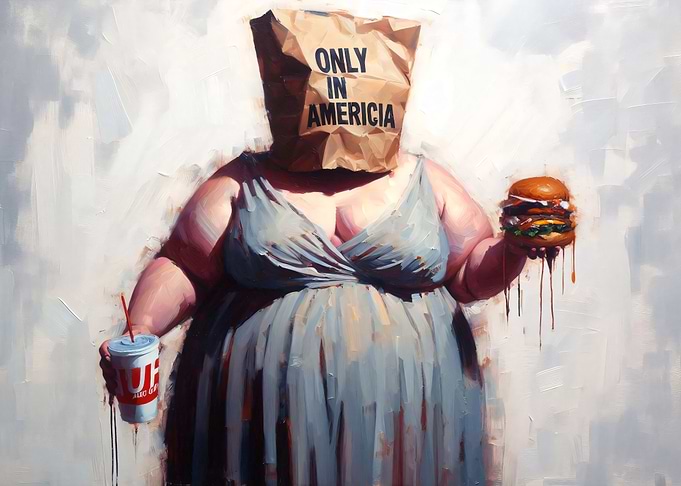 Big Woman with Cola and Hamburger - Only in America Paper Bag Portrait