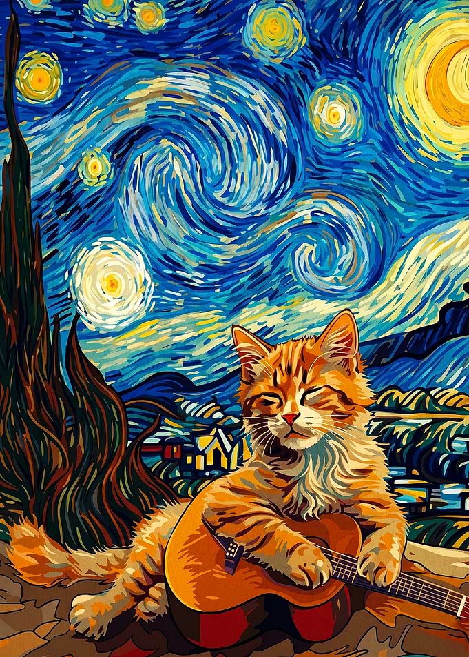 Cat Guitar Night Sky Post Impressio