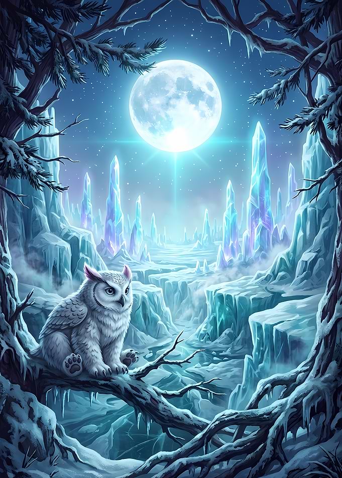 Snowy Owl in Frozen Crystal Landscape