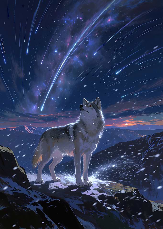 Wolf Under a Starry Night Sky