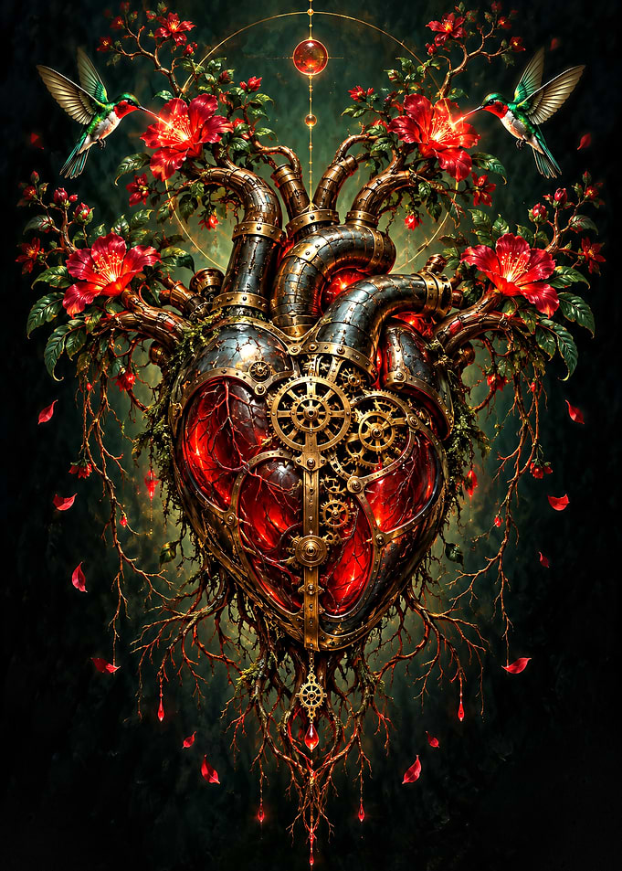 Steampunk Mechanical Heart with Hummingbirds