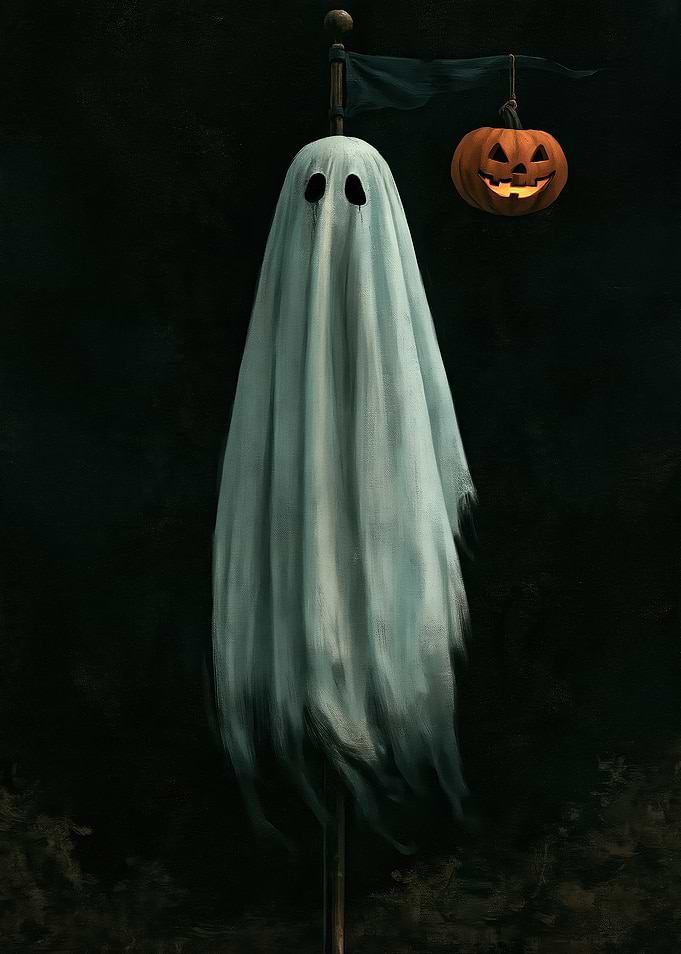 Ghost with Jack-o'-lantern on Flagpole