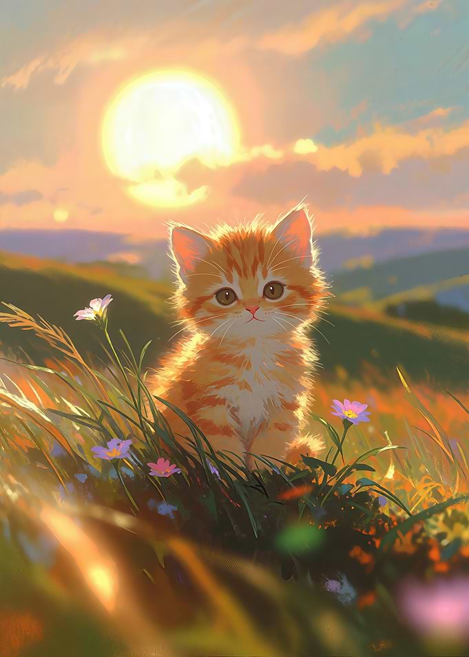 Cute Ginger Kitten in Sunset Meadow