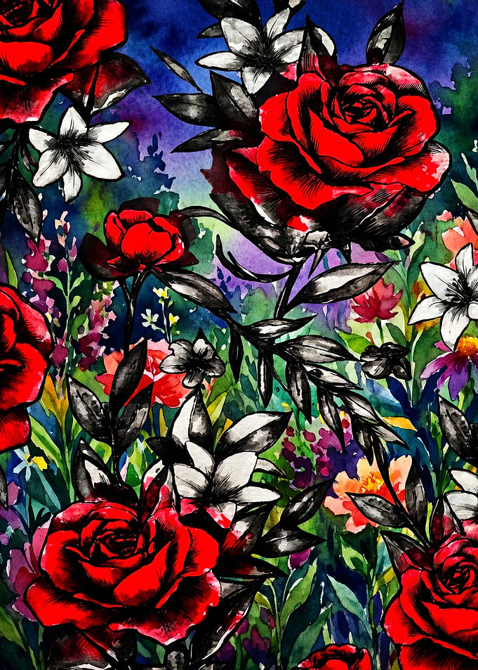 Vibrant Red Roses and Floral Garden