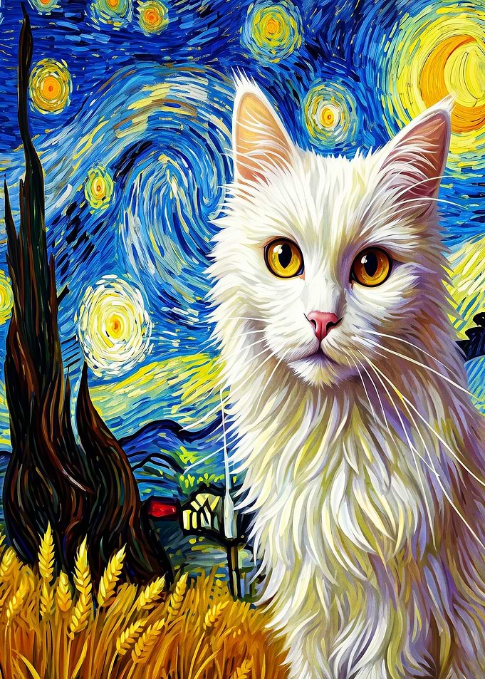 White Cat Starry Night Oil Poster
