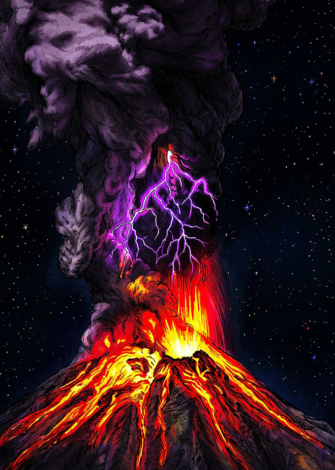 Volcanic Eruption with Purple Lightning