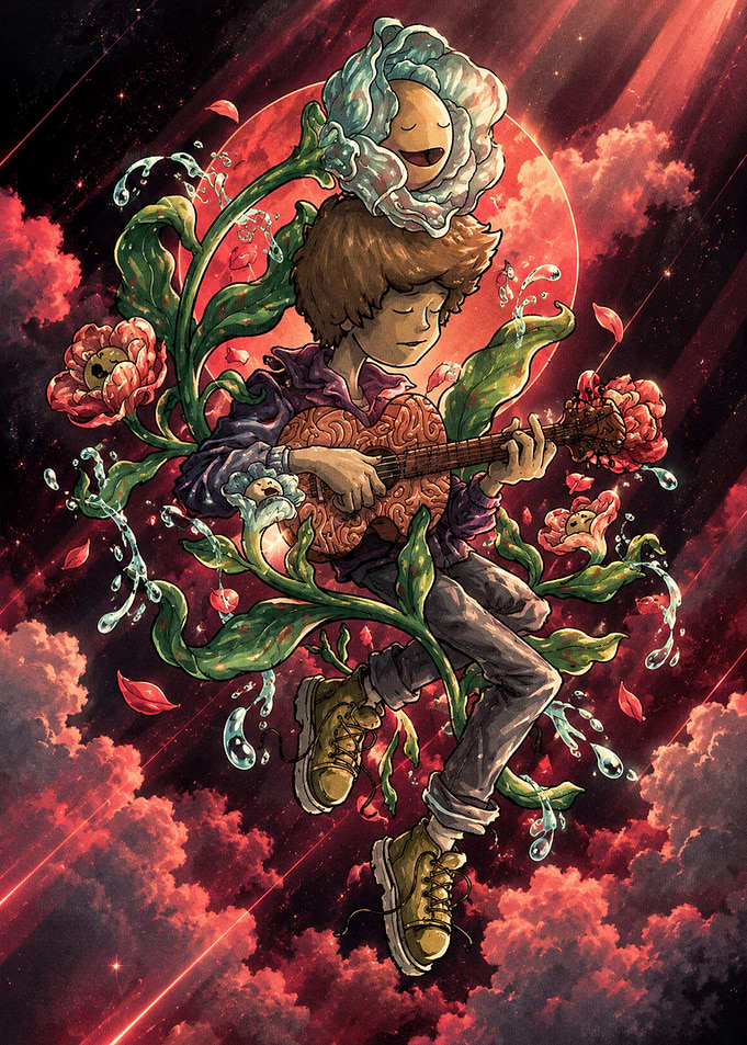 Surreal Boy Playing Brain Guitar