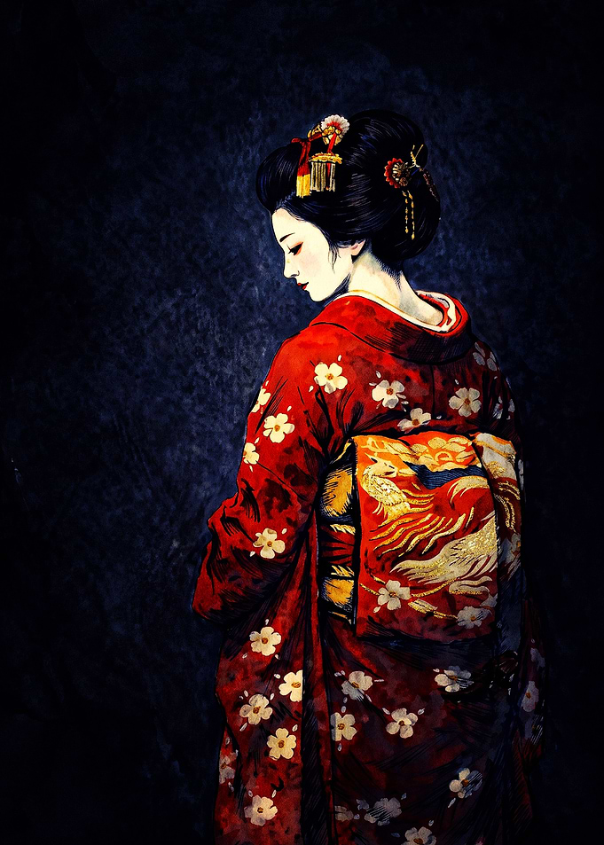 Elegant Geisha in Red Kimono