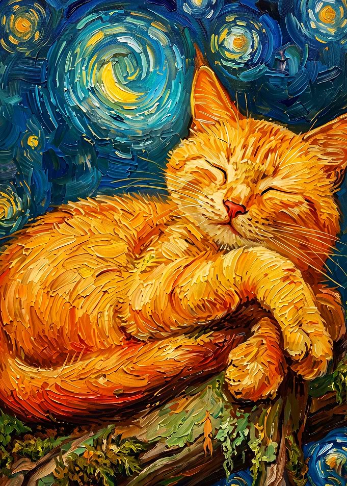 Sleeping Cat Night Sky Oil Painting
